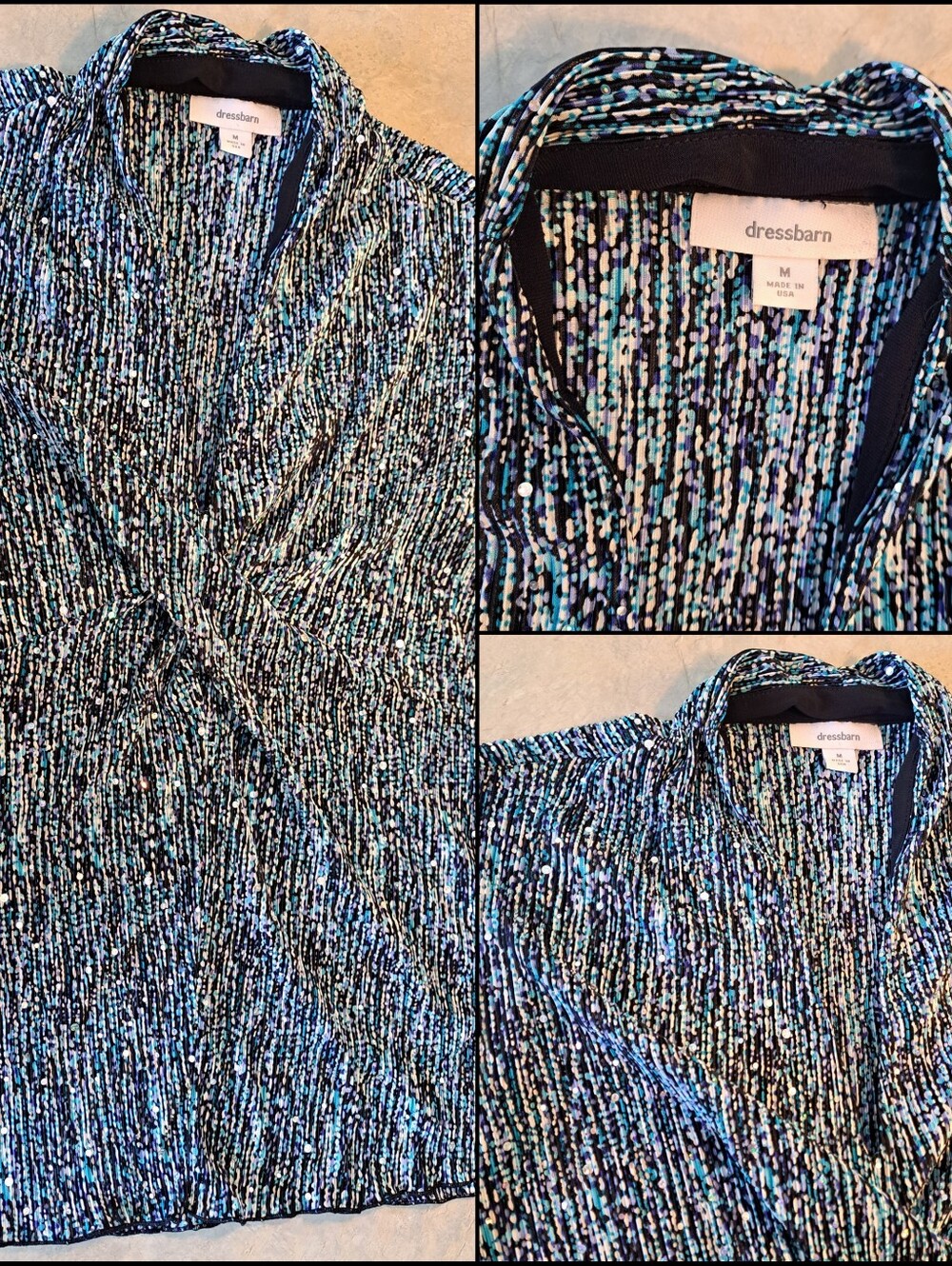 dressbarn Teal and Black Multi-Print Sleeveless Blouse - Sequined